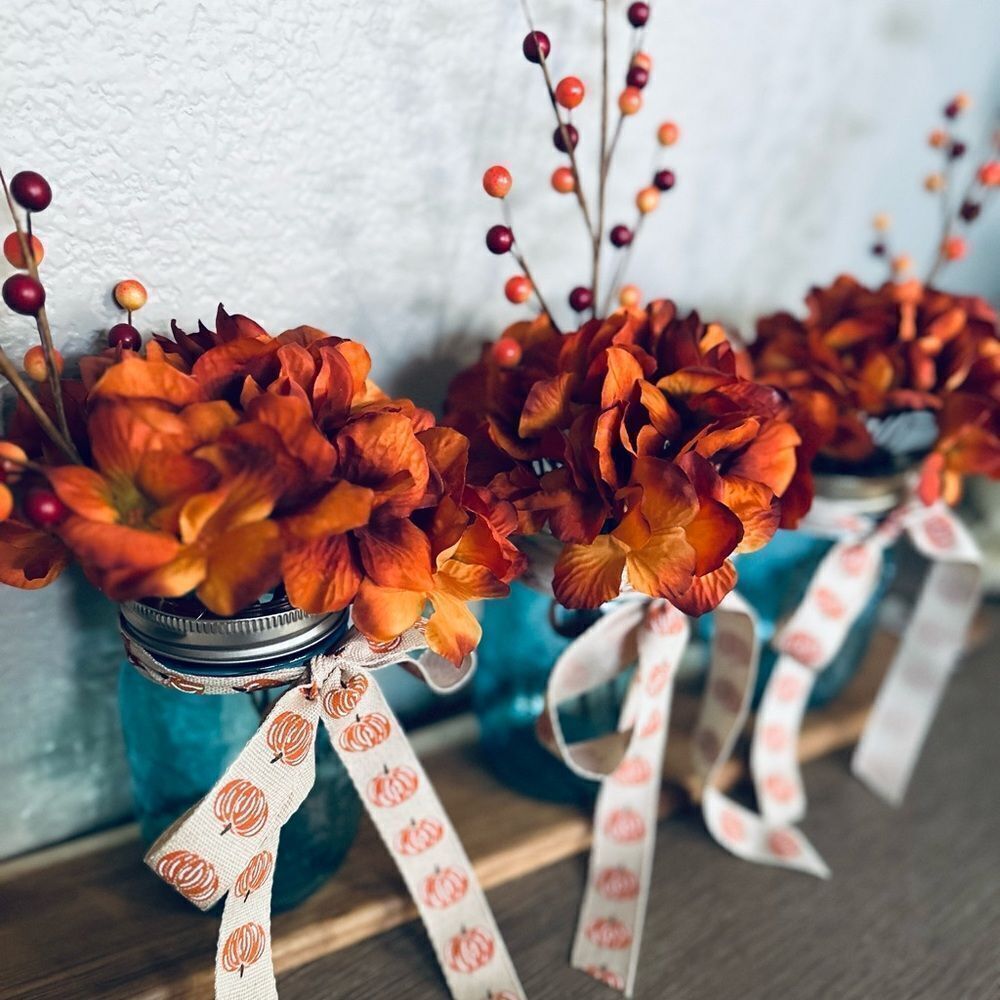 Fall Farmhouse Blue Mason Jar Floral Hydrangea Arrangement Centerpiece Board